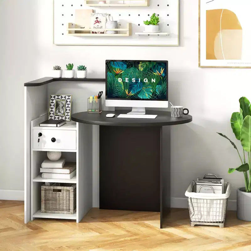 Costway Comptoir de Réception Bureau de Caisse avec Étagère Ouverte et Tiroir Verrouillable Blanc/Marron/Noir