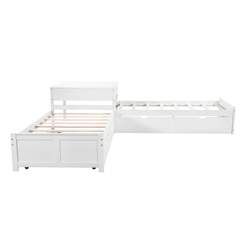 Lit plateforme moderne blanc en forme de L pour deux personnes avec lit gigogne et tiroirs pour chambre à coucher