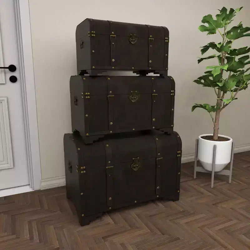 Lot de 3 malles en bois traditionnelles marron - Olivia & May : Finition vieillie, aucun assemblage requis, rangement décoratif