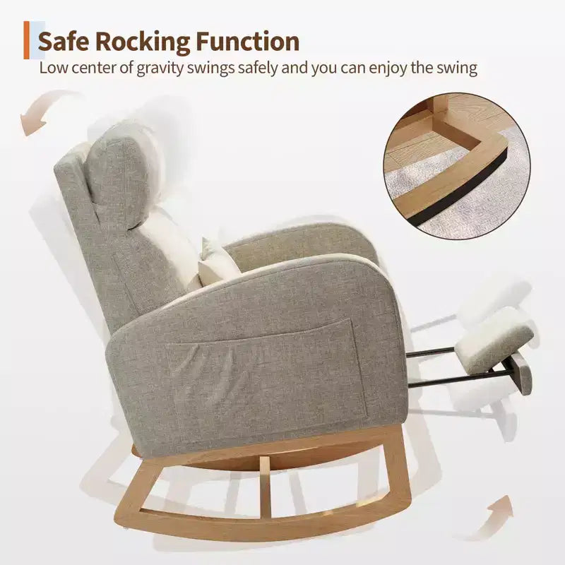 Fauteuil à bascule moderne avec oreiller et poches latérales, pour salon, chambre à coucher