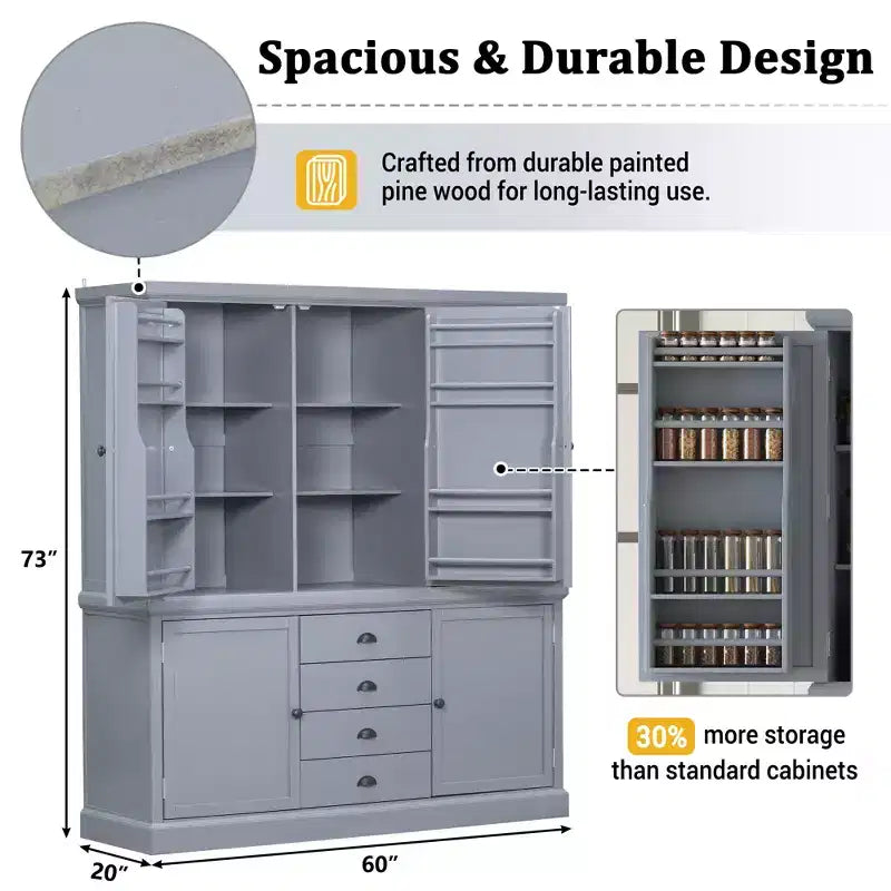 Garde-manger de cuisine autoportant Whisen 73 avec tiroirs et étagères réglables pour le rangement et l'organisation dans la salle à manger ou la cuisine