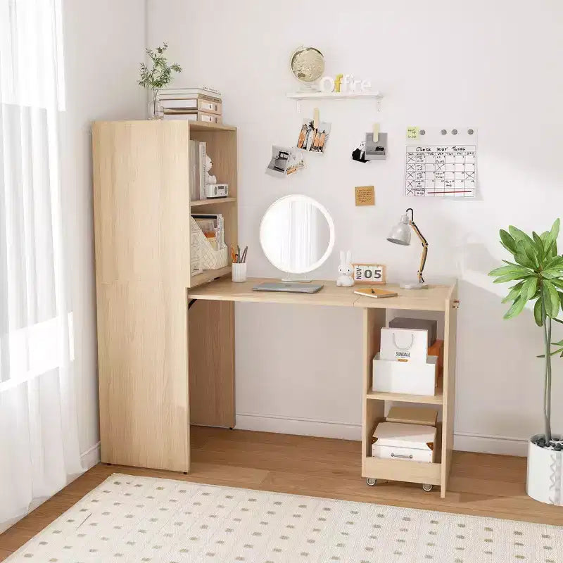 TUYOHW Bureau extensible, bureau pliable pour la maison et le bureau avec étagères de rangement et roulettes, poste de travail mobile pour petits appartements, bureaux