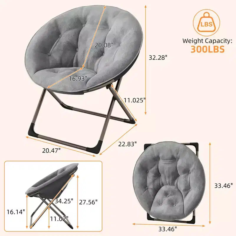 Fauteuil soucoupe, fauteuil moelleux en fausse fourrure, fauteuil lune avec structure métallique pliable, siège d'appoint floral