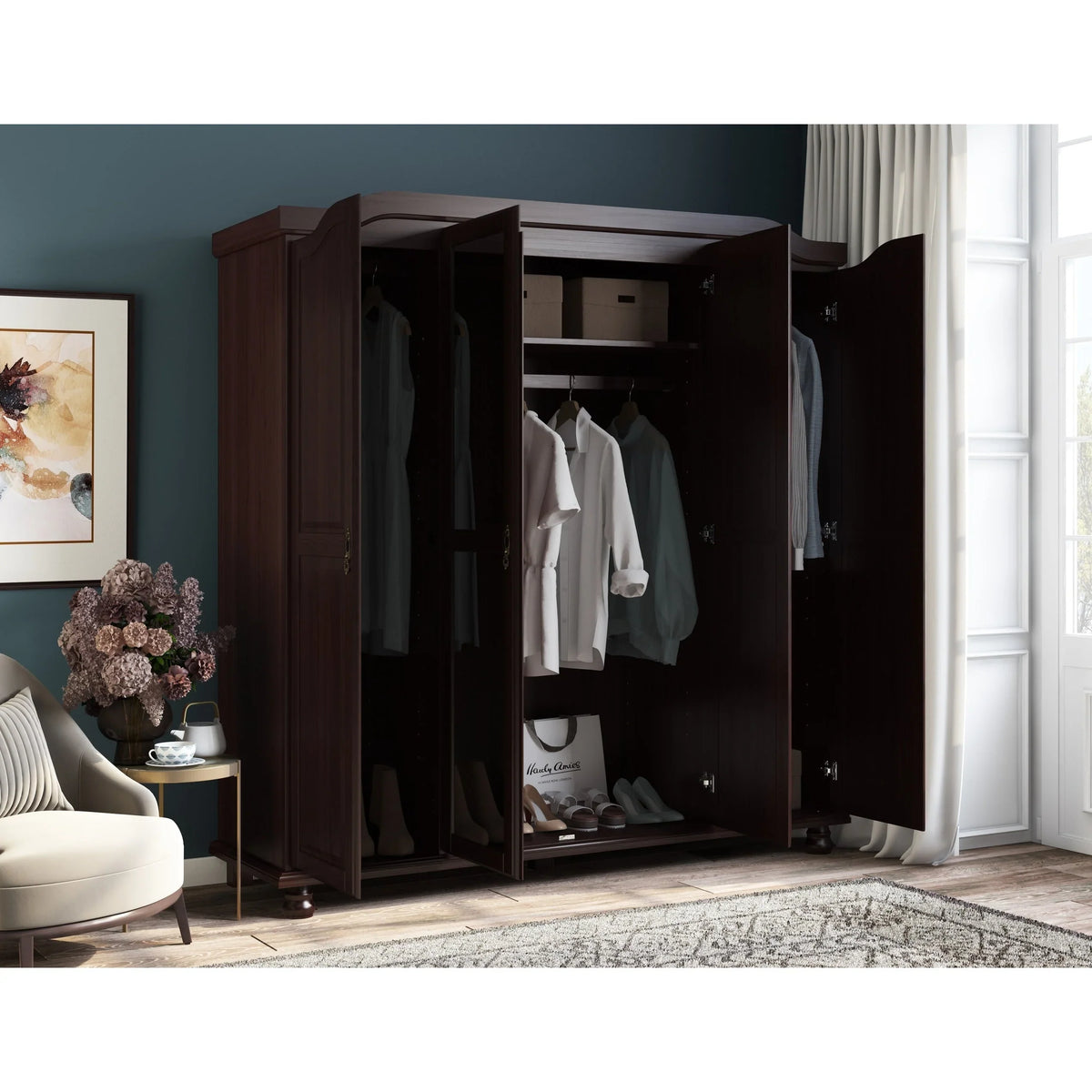 Armoire-penderie Kyle à 4 portes en bois massif 100 % Palace Imports, avec portes en bois massif ou miroir