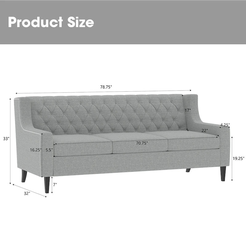 78.75 Polyester 3-Seater Sofa with Tufted Back and Cushions