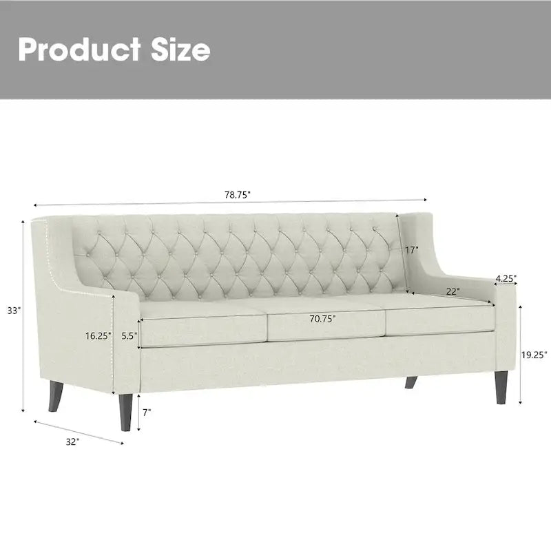 78.75 Polyester 3-Seater Sofa with Tufted Back and Cushions