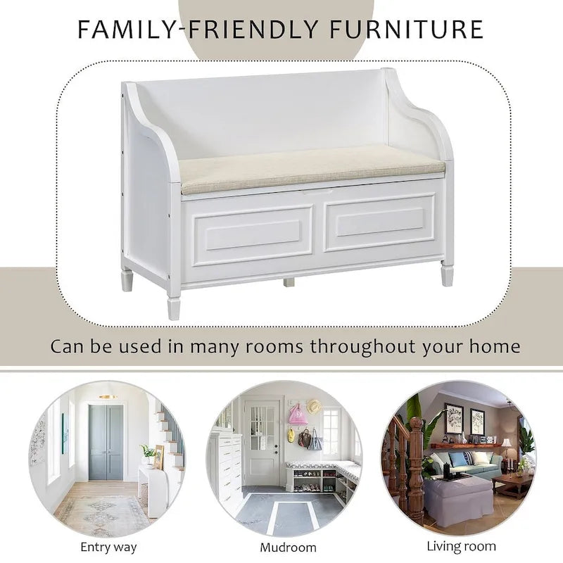 Farmhouse Solid Wood Multi-Purpose Upholstered Storage Bench