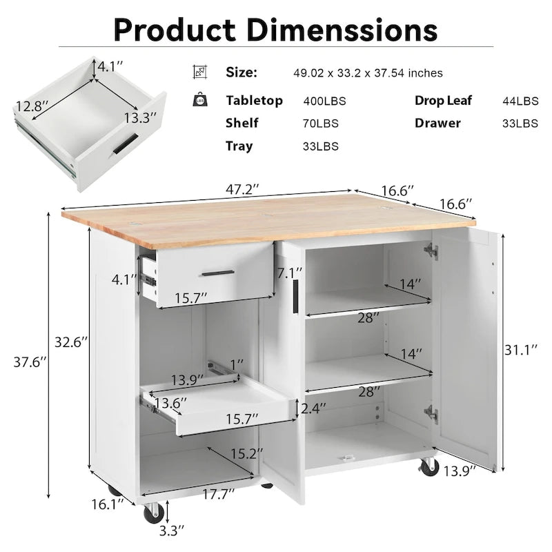 Rolling Kitchen Island w/ Foldable Counter Top,Towel Rack and Drawer