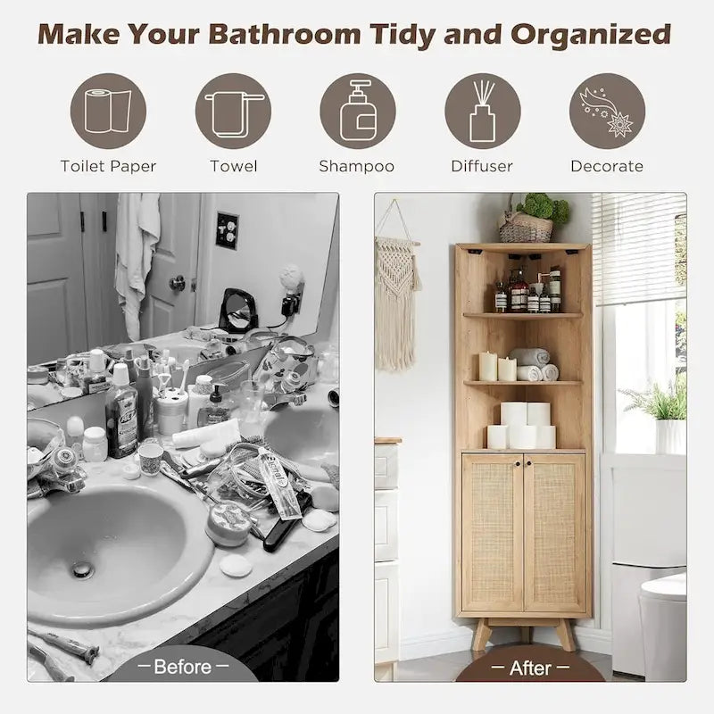 Natural Rattan Corner Cabinet, Modern Corner Bathroom Storage Cabinet