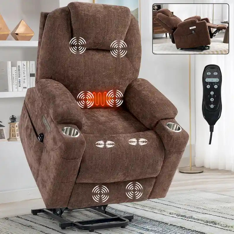 Chenille Power Lift Recliner with 8-Point Massage, Lumbar Heat and USB Ports