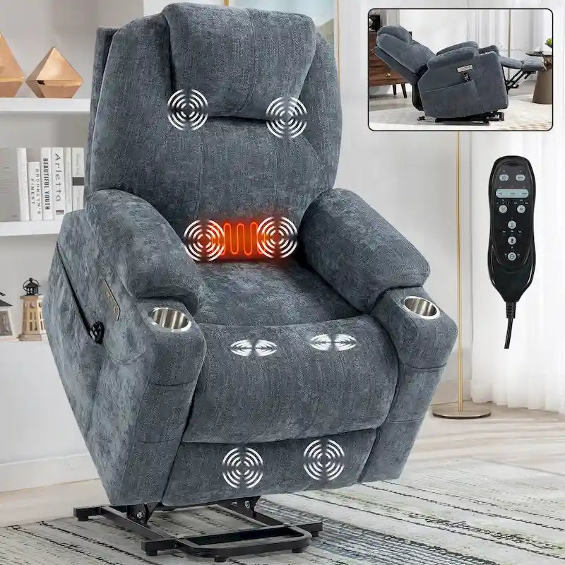 Chenille Power Lift Recliner with 8-Point Massage, Lumbar Heat and USB Ports
