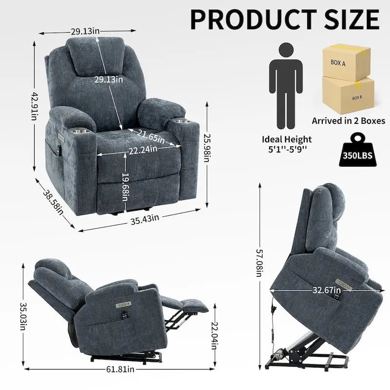 Chenille Power Lift Recliner with 8-Point Massage, Lumbar Heat and USB Ports