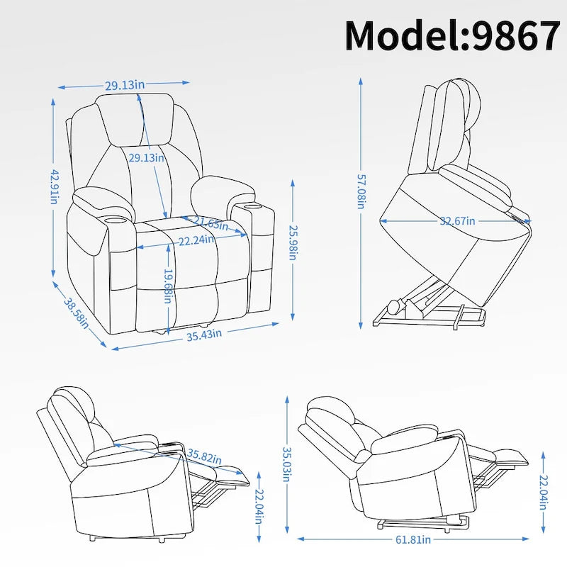 Chenille Power Lift Recliner with 8-Point Massage, Lumbar Heat and USB Ports