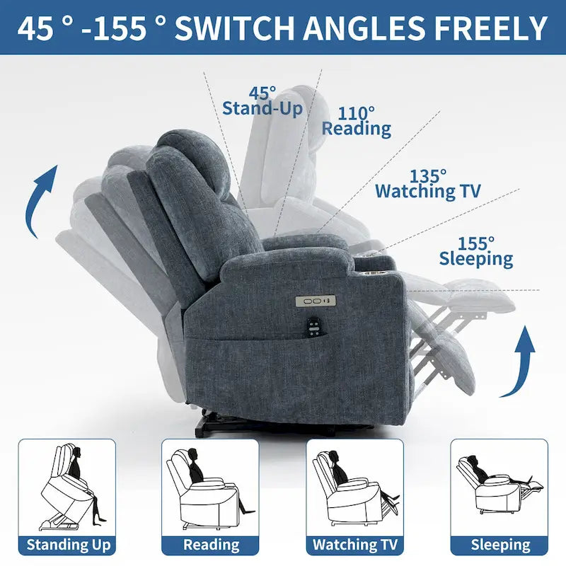 Chenille Power Lift Recliner with 8-Point Massage, Lumbar Heat and USB Ports