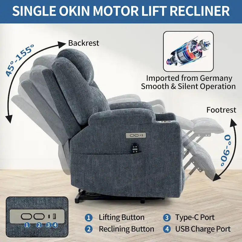 Chenille Power Lift Recliner with 8-Point Massage, Lumbar Heat and USB Ports