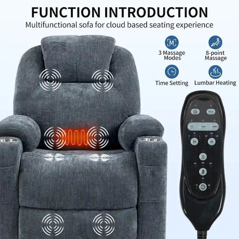 Chenille Power Lift Recliner with 8-Point Massage, Lumbar Heat and USB Ports