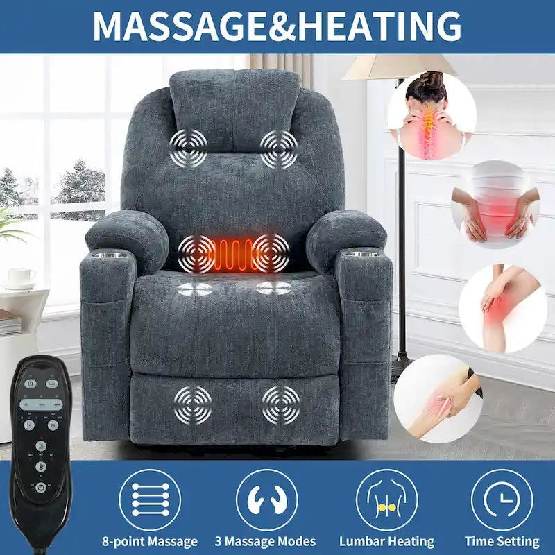 Chenille Power Lift Recliner with 8-Point Massage, Lumbar Heat and USB Ports