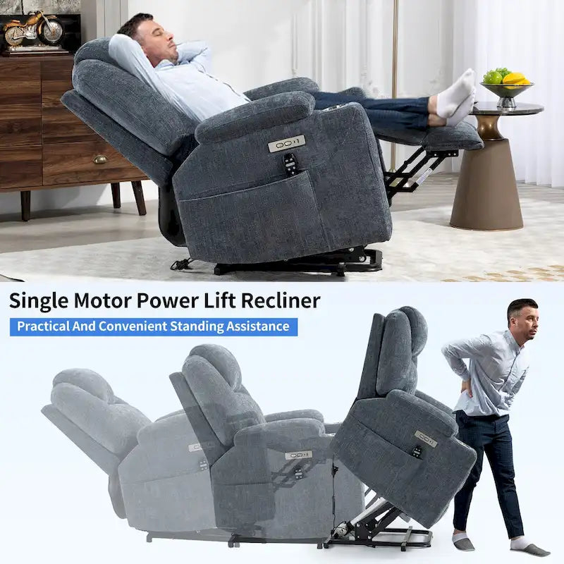 Chenille Power Lift Recliner with 8-Point Massage, Lumbar Heat and USB Ports