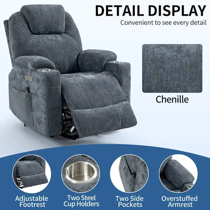 Chenille Power Lift Recliner with 8-Point Massage, Lumbar Heat and USB Ports