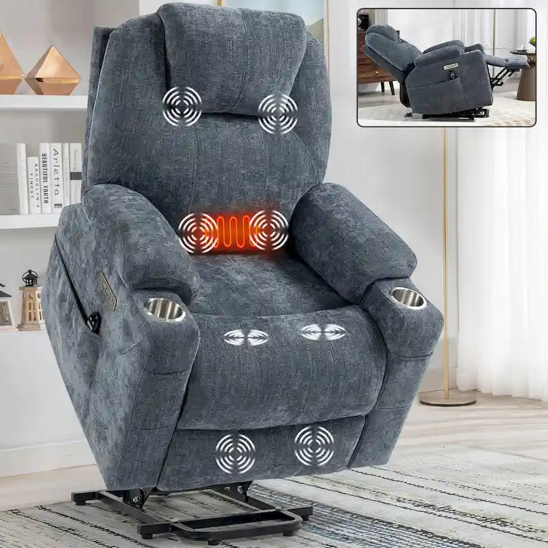 Chenille Power Lift Recliner with 8-Point Massage, Lumbar Heat and USB Ports