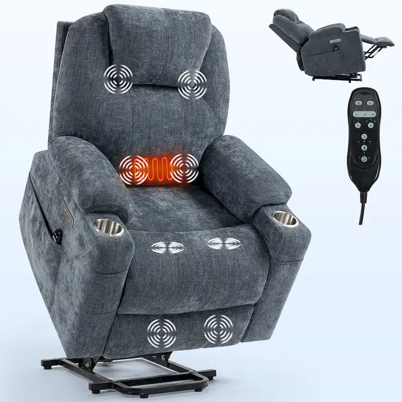 Chenille Power Lift Recliner with 8-Point Massage, Lumbar Heat and USB Ports