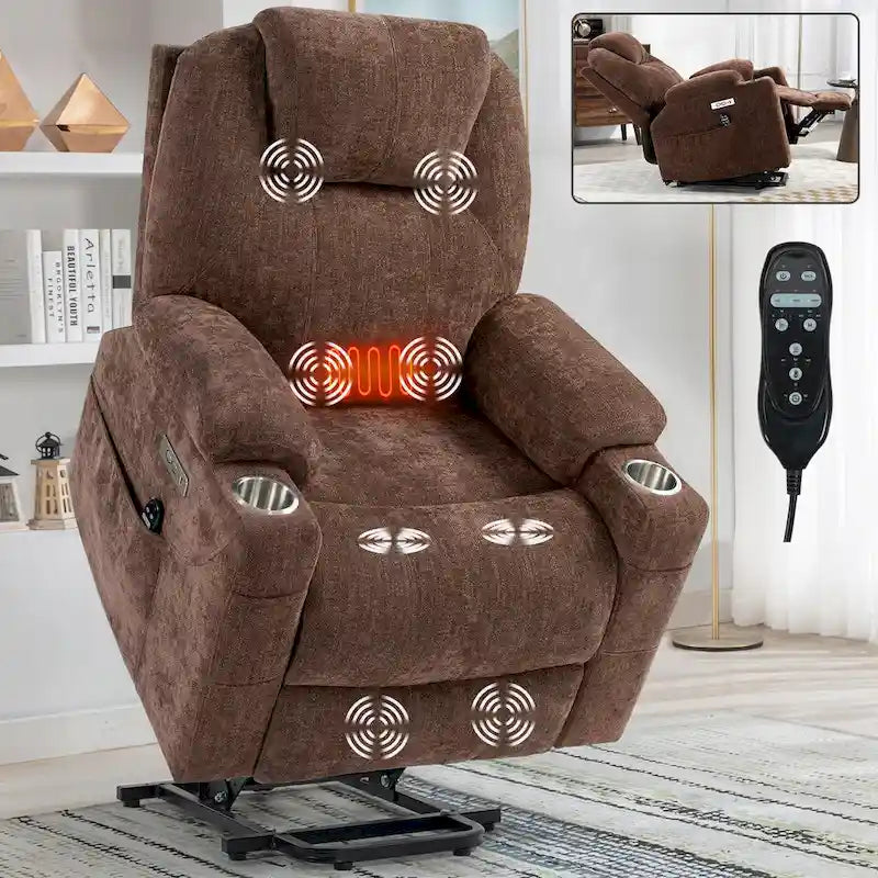 Chenille Power Lift Recliner with 8-Point Massage, Lumbar Heat and USB Ports