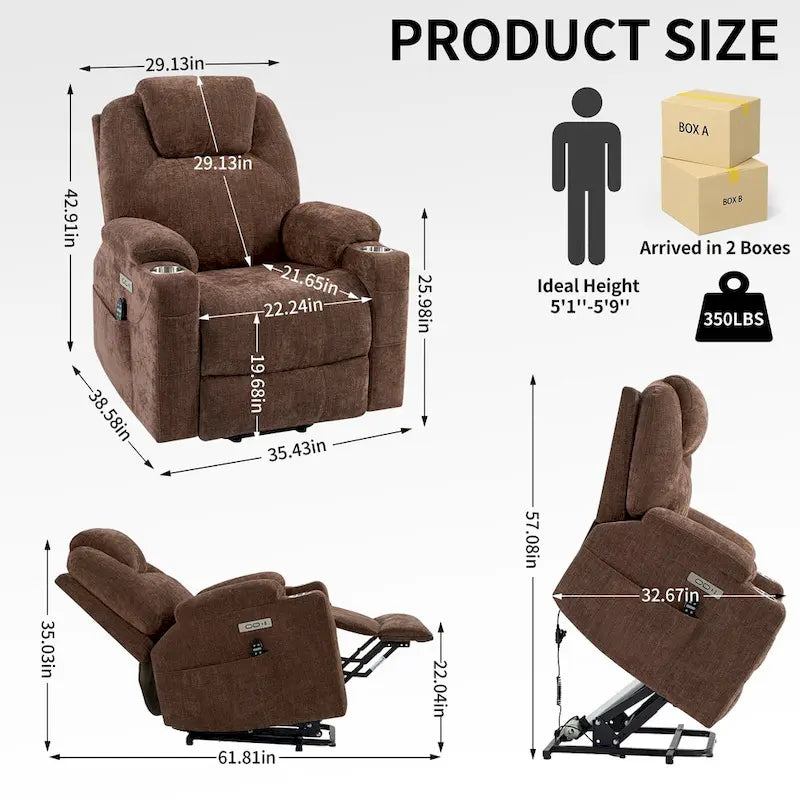 Chenille Power Lift Recliner with 8-Point Massage, Lumbar Heat and USB Ports