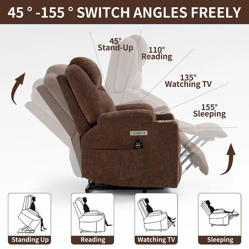 Chenille Power Lift Recliner with 8-Point Massage, Lumbar Heat and USB Ports