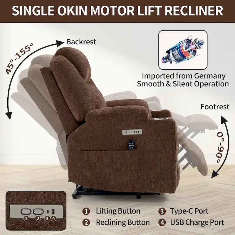 Chenille Power Lift Recliner with 8-Point Massage, Lumbar Heat and USB Ports