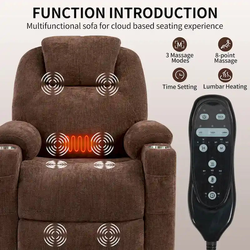 Chenille Power Lift Recliner with 8-Point Massage, Lumbar Heat and USB Ports