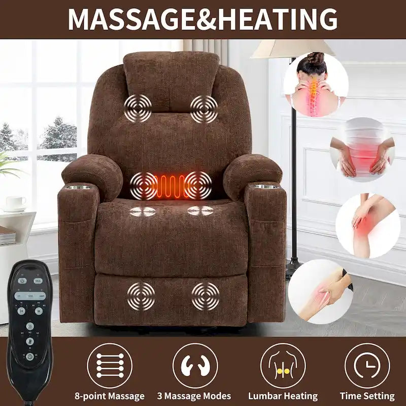 Chenille Power Lift Recliner with 8-Point Massage, Lumbar Heat and USB Ports