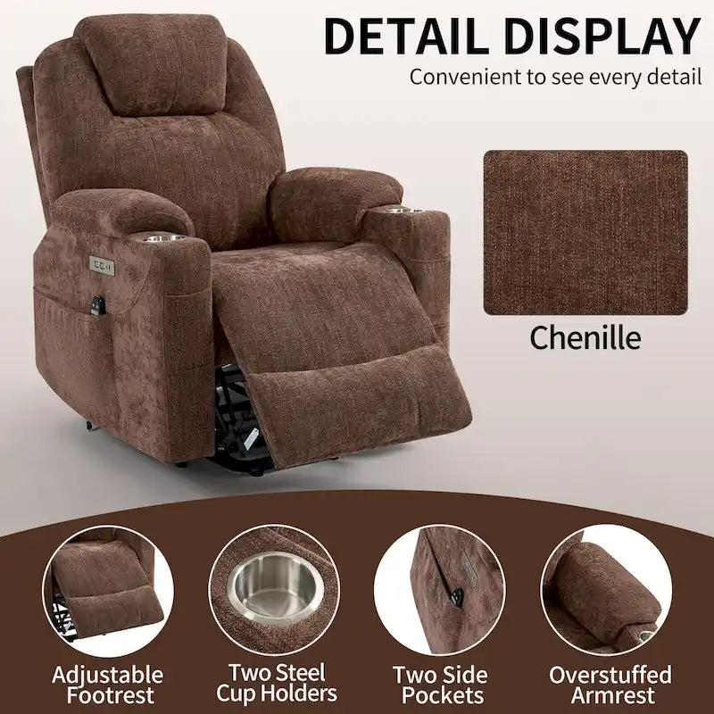 Chenille Power Lift Recliner with 8-Point Massage, Lumbar Heat and USB Ports