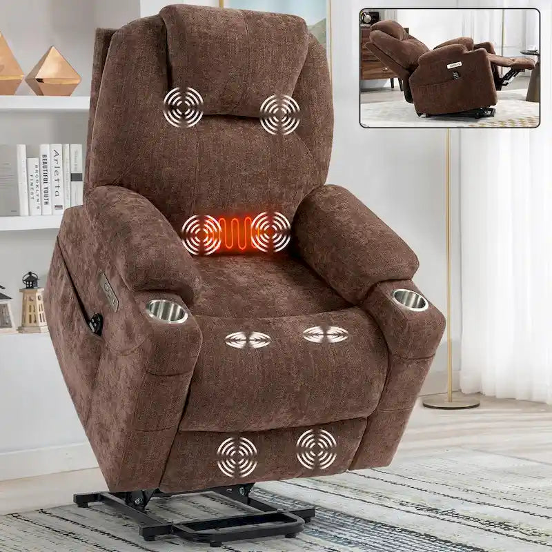 Chenille Power Lift Recliner with 8-Point Massage, Lumbar Heat and USB Ports
