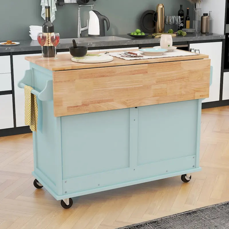 Wood Folding Kitchen Island on Wheels with Adjustable Shelf Storage Cabinet and 2 Drawers, Concealed Sliding Barn Door