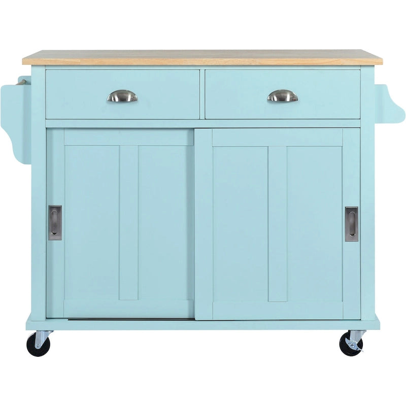 Wood Folding Kitchen Island on Wheels with Adjustable Shelf Storage Cabinet and 2 Drawers, Concealed Sliding Barn Door