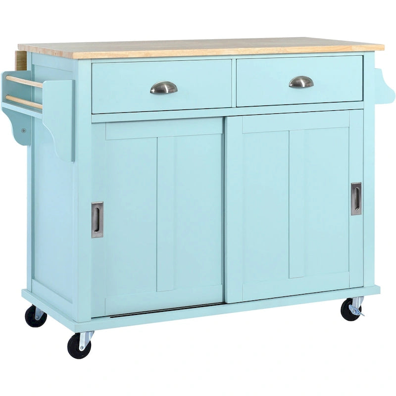 Wood Folding Kitchen Island on Wheels with Adjustable Shelf Storage Cabinet and 2 Drawers, Concealed Sliding Barn Door