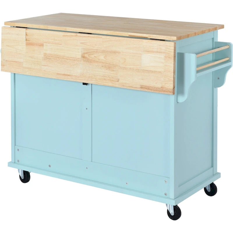 Wood Folding Kitchen Island on Wheels with Adjustable Shelf Storage Cabinet and 2 Drawers, Concealed Sliding Barn Door