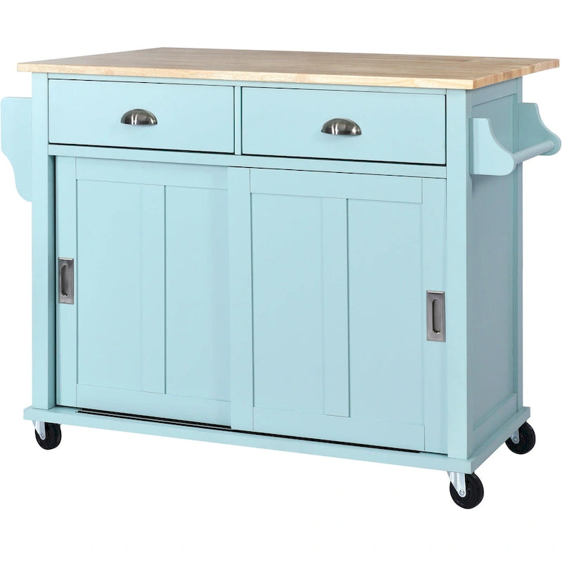Wood Folding Kitchen Island on Wheels with Adjustable Shelf Storage Cabinet and 2 Drawers, Concealed Sliding Barn Door