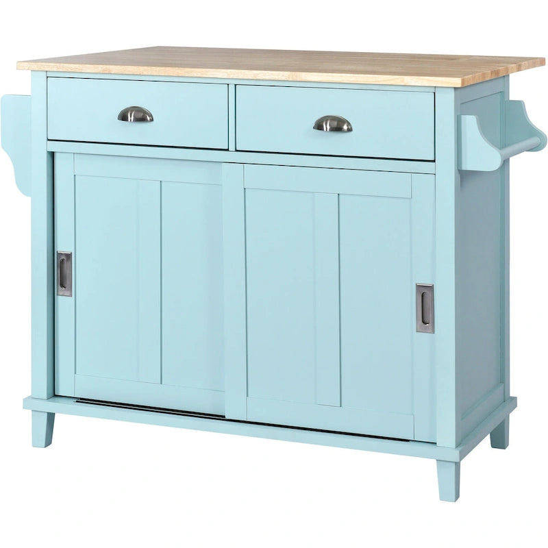 Wood Folding Kitchen Island on Wheels with Adjustable Shelf Storage Cabinet and 2 Drawers, Concealed Sliding Barn Door