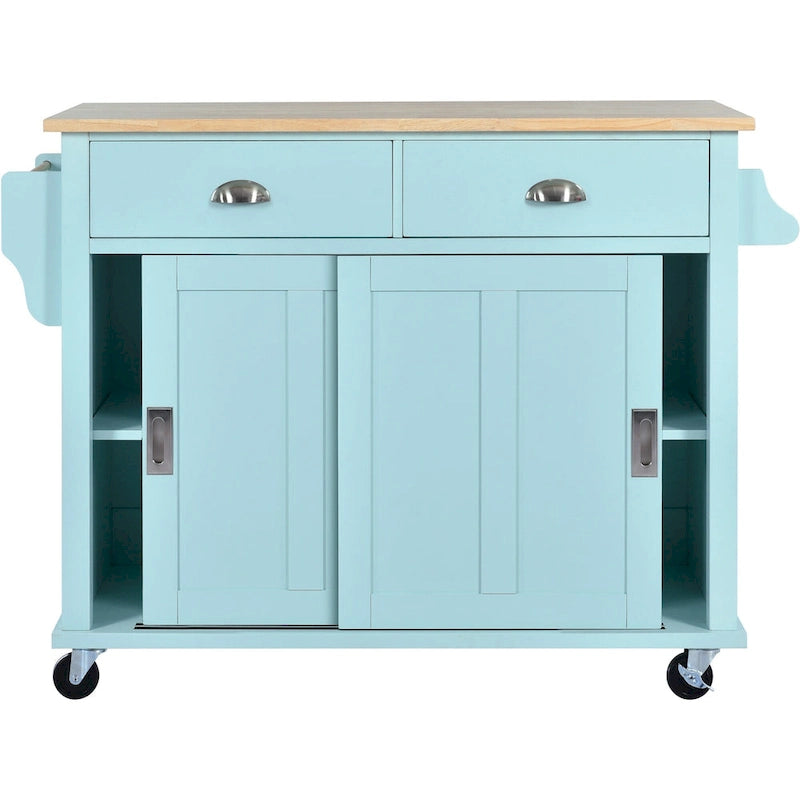 Wood Folding Kitchen Island on Wheels with Adjustable Shelf Storage Cabinet and 2 Drawers, Concealed Sliding Barn Door