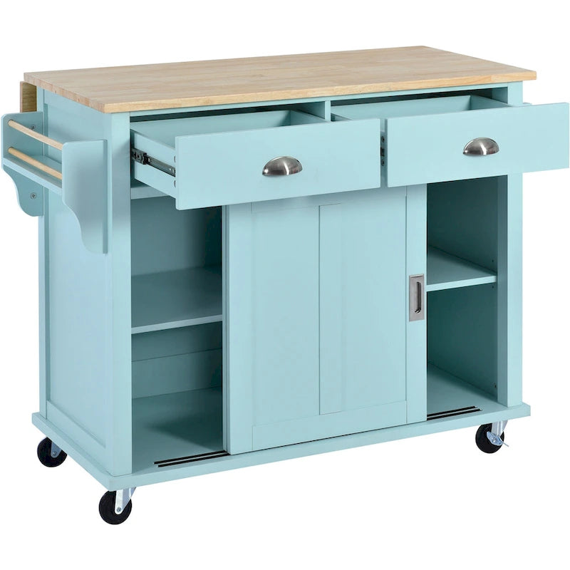 Wood Folding Kitchen Island on Wheels with Adjustable Shelf Storage Cabinet and 2 Drawers, Concealed Sliding Barn Door