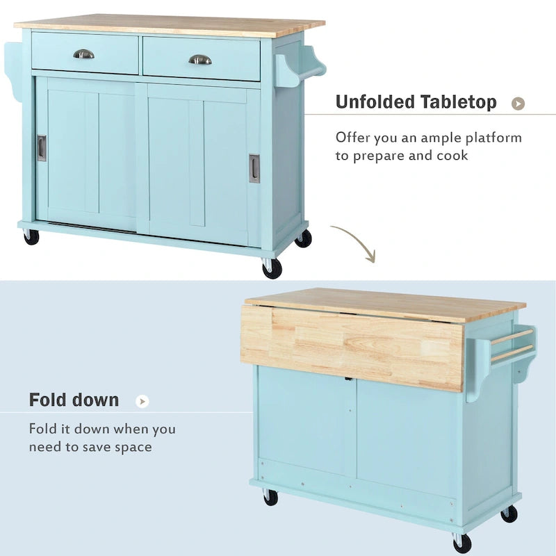 Wood Folding Kitchen Island on Wheels with Adjustable Shelf Storage Cabinet and 2 Drawers, Concealed Sliding Barn Door