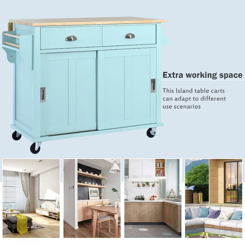 Wood Folding Kitchen Island on Wheels with Adjustable Shelf Storage Cabinet and 2 Drawers, Concealed Sliding Barn Door