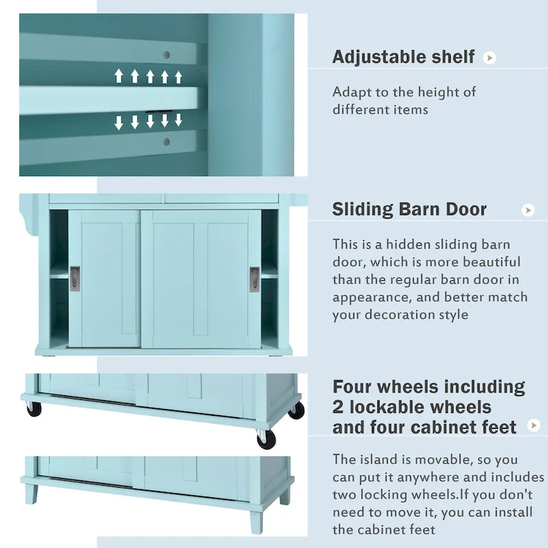 Wood Folding Kitchen Island on Wheels with Adjustable Shelf Storage Cabinet and 2 Drawers, Concealed Sliding Barn Door