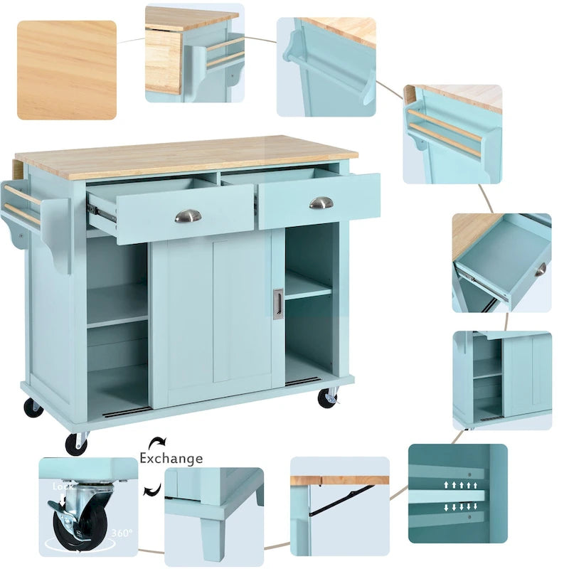 Wood Folding Kitchen Island on Wheels with Adjustable Shelf Storage Cabinet and 2 Drawers, Concealed Sliding Barn Door