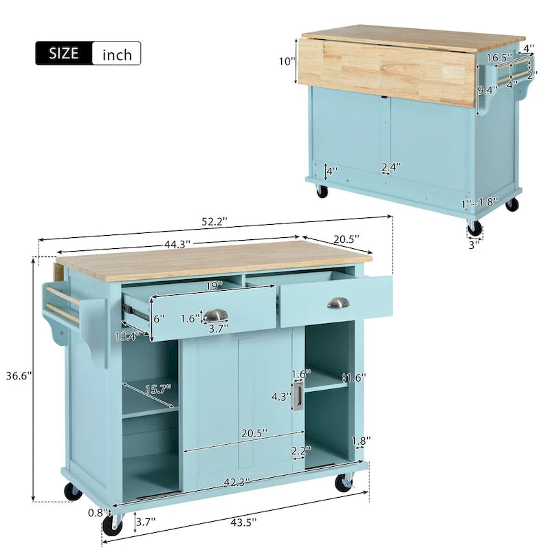Wood Folding Kitchen Island on Wheels with Adjustable Shelf Storage Cabinet and 2 Drawers, Concealed Sliding Barn Door