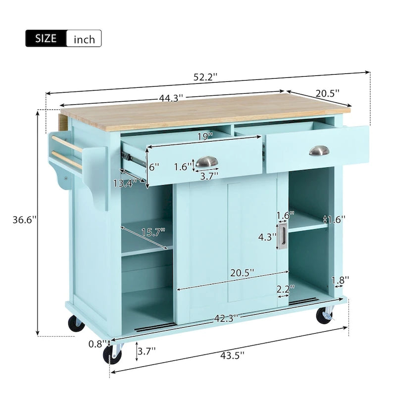 Wood Folding Kitchen Island on Wheels with Adjustable Shelf Storage Cabinet and 2 Drawers, Concealed Sliding Barn Door