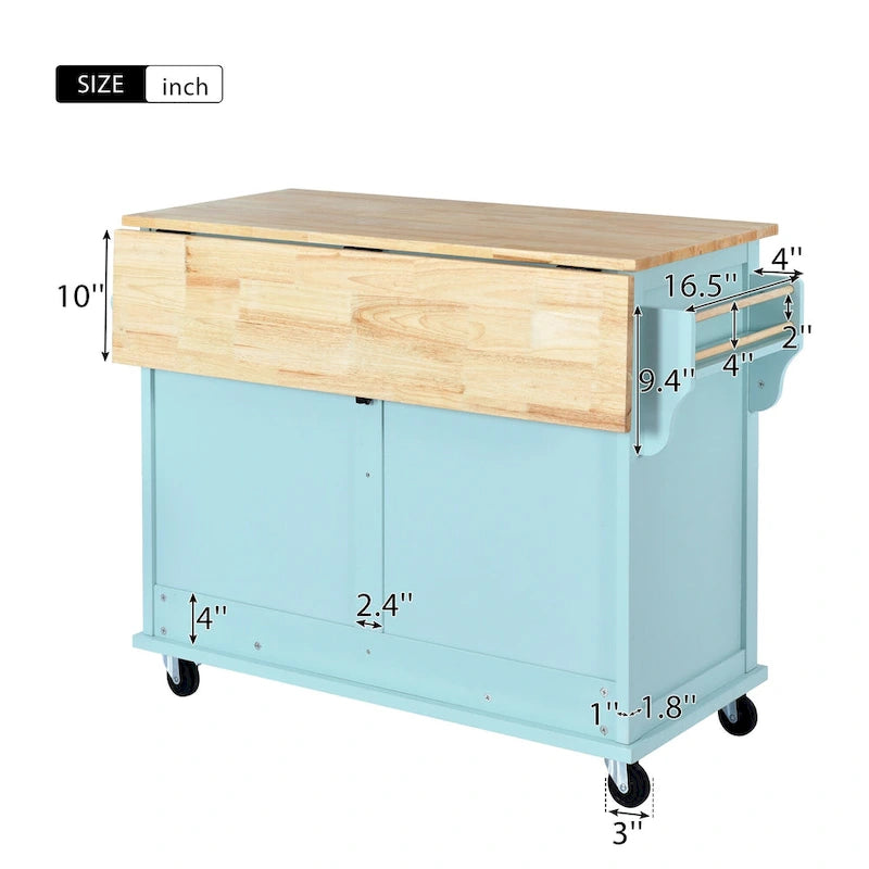 Wood Folding Kitchen Island on Wheels with Adjustable Shelf Storage Cabinet and 2 Drawers, Concealed Sliding Barn Door