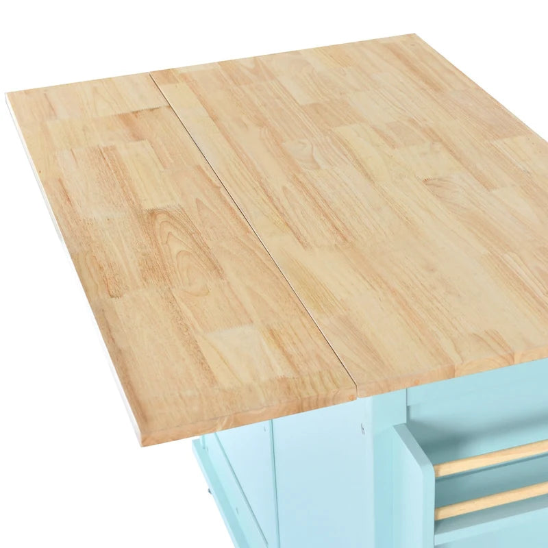 Wood Folding Kitchen Island on Wheels with Adjustable Shelf Storage Cabinet and 2 Drawers, Concealed Sliding Barn Door