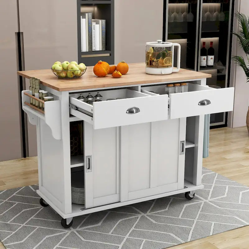 Wood Folding Kitchen Island on Wheels with Adjustable Shelf Storage Cabinet and 2 Drawers, Concealed Sliding Barn Door